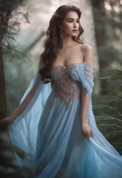 best qualityer， tmasterpiece， 超高分辨率, Close-up of a woman in a flowing blue-pink gauze dress, close-up all over the body, sexy for, Shoulder cut, beautiful teenage girl, Beautiful queen fantasy, Ethereal beauty, Beautiful costume girl, beautiful goddess wom...