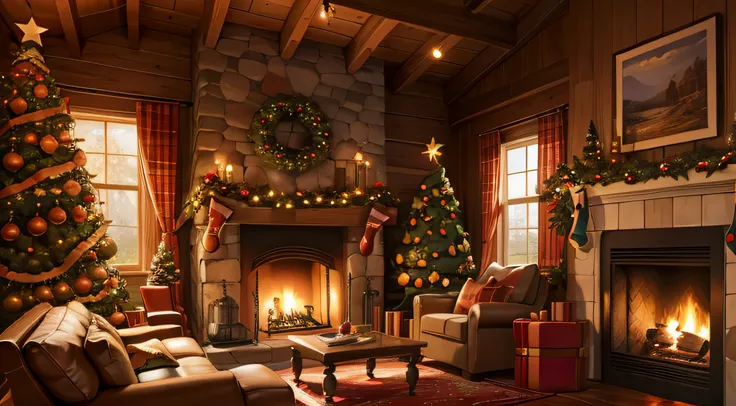 a christmas cabin with fireplace and christmas tree in it, in the style of colorful animation stills, hyperrealistic paintings, rug, sonian, cute and colorful, cluttered, eye-catching, Its evening outside