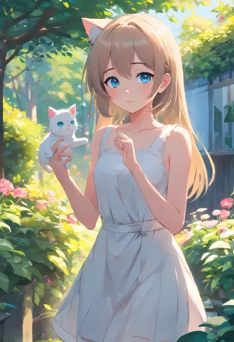 Cat-eared girl in white dress standing in garden, BREAK，silber hair，blue eyes，(((Sleeveless)))，Hang the laundry to dry，Holding a laundry basket with clothes，loli in dress, small curvy loli, artwork in the style of guweiz, guweiz on pixiv artstation, guweiz...