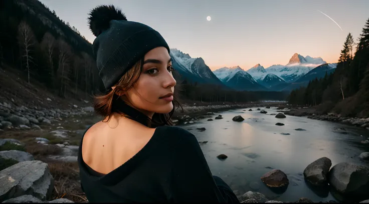 photorealistic, best quality, hyper detailed, beautiful woman, selfie photo, upper body, solo, wearing pullover, outdoors, (night), mountains, real life nature, stars, moon, (cheerful, happy), sleeping bag, gloves, sweater, beanie, flashlight, forest, rock...