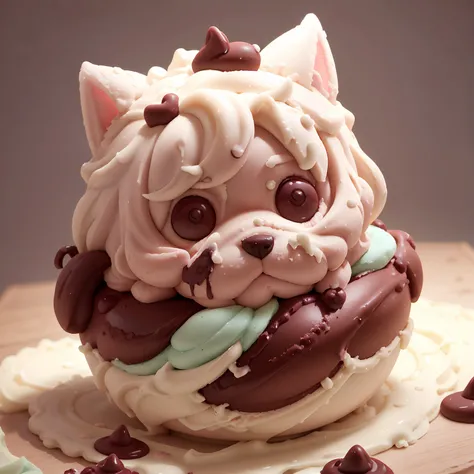 Cute little dog lying on ice cream，Eyes made of dark chocolate，Look innocently at the camera，Made with ice cream，Also drizzled with dark chocolate，Clay figure modeling，blindbox，（adolable），tmasterpiece，Best quality at best，