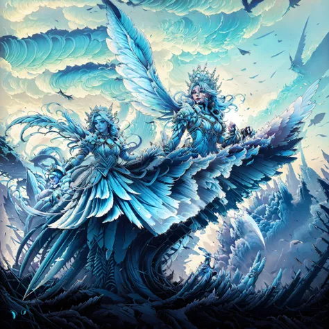 cyclone shot, vivid blue, white feathers, wind fairy princess, best quality, masterpiece