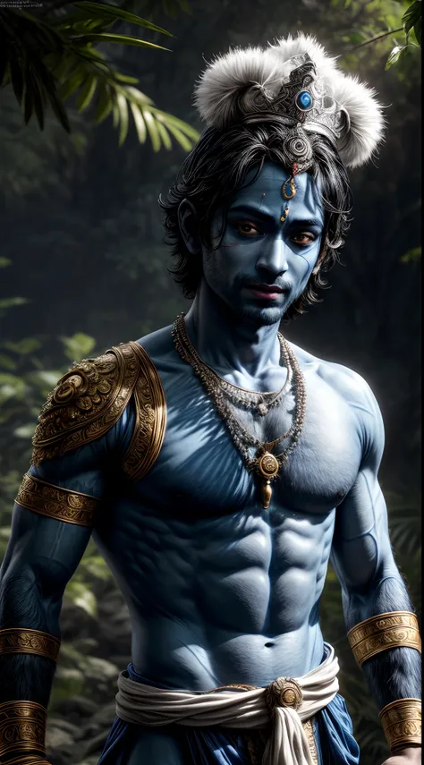 A beautiful scenery, lord Krishna, hindu god, Krishna inspired from Hindu mythology, a hyper-realistic portrait of a blue person with clean baby shave, cute, black hair on head, no hair on body, Create a mascular lord Krishna avatar with beautiful eyes and...