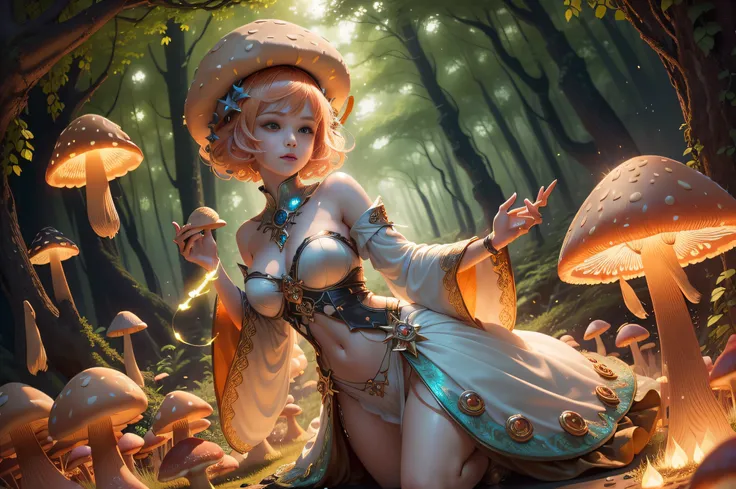 masterpiece++, top-quality++, ultra-definition++, ultra-definition++, 4k++, 8k++, (Background Focus++、Peach hair, short-haired, Sexy dressed woman casts mushroom spell, Mushroom runes, The magic of mushrooms, Mushroom magician, druid, Goddess of mushrooms,...