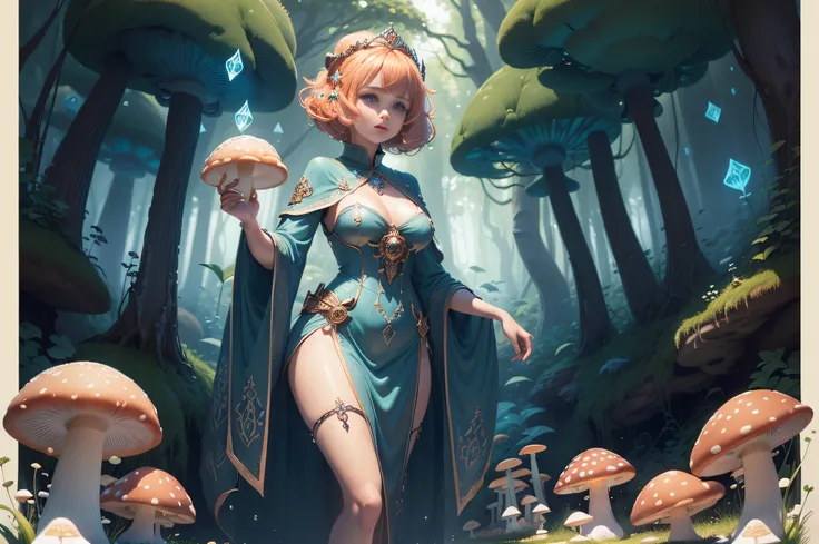 masterpiece++, top-quality++, ultra-definition++, ultra-definition++, 4k++, 8k++, (Background Focus++、Peach hair, short-haired, Sexy dressed woman casts mushroom spell, Mushroom runes, The magic of mushrooms, Mushroom magician, druid, Goddess of mushrooms,...