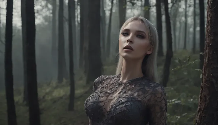 beautiful woman fashion model wearing provocative sexy beautiful detailed fashion design clothes, looking at the sky, inside a dark forest, with burned trees all over hair, and volumetric light coming from behind, hyper-realistic, 8K, perfect face and body...