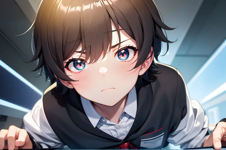 a junior school boy, cute and Q,(hold a computer), technology attribute, dilated pupils, frown, anime style, cinematic lighting, ray tracing, (from side), (close-up), masterpiece, best quality, highres, textured skin, anatomically correct, UHD, 1080P, HD