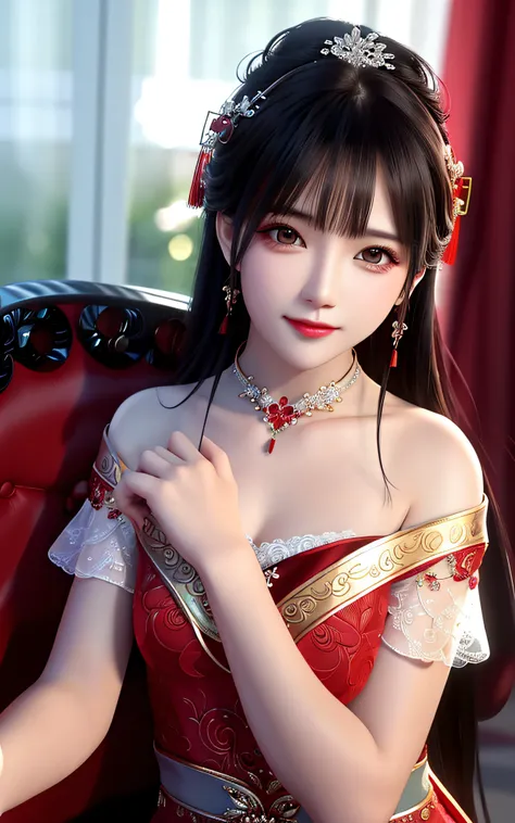 best qualtiy， tmasterpiece， A high resolution， 1girl，Chinese red wedding dress，hair adornments，choker necklace，jewely，beauitful face，upon_body，Tyndall effect，realisticlying，dark studio，edge lit，twotonelighting，（highdetailskin：1.2），8k UHD，digital SLR camera...