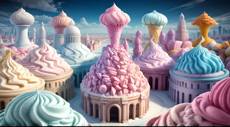 A city made of ice creams, various Ice cream flavours