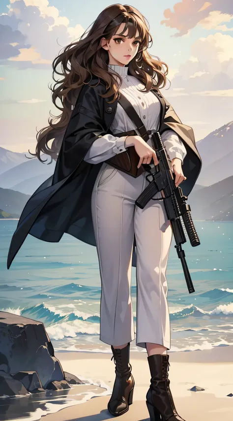 Masterpiece, best quality, realistic, 1woman, quiet, calm and pretty young woman, 23 years old, ((close mouth)), extremely detailed, full body ((dark brown eyes)), ((wavy with bang brunette hair)), with guns, acurate, 4K