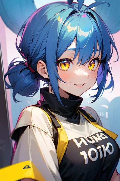 1girl in、Niko-chan、a 18 year old girl、middle size breasts、Blue hair、Pony tail、glowing yellow eyes、Bangs between the eyes、Ahoge、Turtleneck T-Shirt、shortpants、Cheerful smile、Stand in front of a street tree、facial close-up