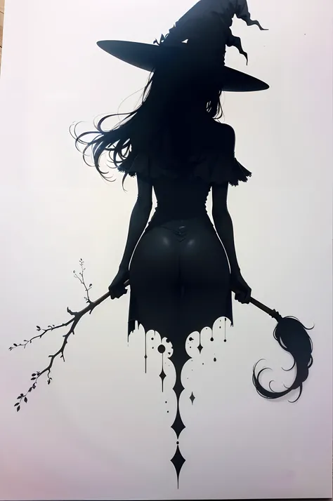 Create a simple and elegant witch silhouette logo, shedding black tears. The design should convey a strong sense of sadness and melancholy, using a minimalist approach with clear lines and using only black