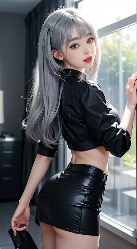 （Girl Standing In Office Changing Room）、（（posterior view））, Silver hair, Bangs, Blunt bangs, Long straight hair, （side poneyTail）aqua eyes, longeyelashes, Solid Circle Eyes, makeup, Open mouth, blush, Parted lips, Bright pupils, smiley, Seductive smile, gl...