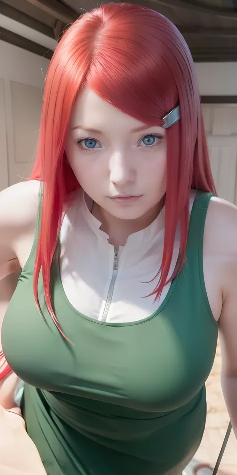 Kushina uzumaki. A woman was in a room. Looks like shes wearing a green dress. With her tracted breasts it looks round and big. She had red hair that popped straight off the leash. With a clamp at the end of his right forehead. He also had a white as snow....