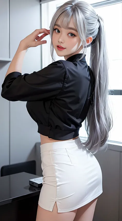 （Girl Standing In Office Changing Room）、（（posterior view））, Silver hair, Bangs, Blunt bangs, Long straight hair, （side poneyTail）aqua eyes, longeyelashes, Solid Circle Eyes, makeup, Open mouth, blush, Parted lips, Bright pupils, smiley, Seductive smile, gl...