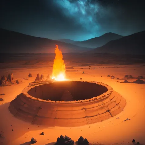 Alien base (Very detailed) In the mountainous desert，There are several exhaust fans and chimneys, Some spotlights come out of the base to illuminate dark places, (Extreme nights), Some clouds in the night sky, Some of the surrounding planets provide air to...