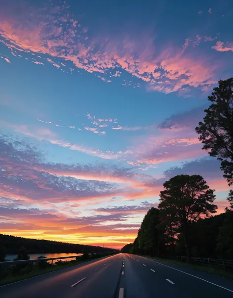 Had a beautiful sunset，The background is the road and the trees lining the road，There are vehicles on the road，There are pedestrians on both sides of the road，Colorful sky，surreal colors，Colorful sunsets，stunning skies，dream like atmosphere 8k，Colorful flo...