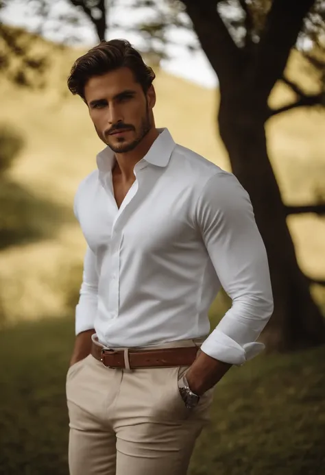 arafed man leaning against a tree in a white shirt, handsome man, clothed in white shirt, handsome male, handsome and attractive, inspired by Ramon Pichot, inspired by Maximilian Cercha, masculine and handsome, by Gabor Szikszai, by Giorgio Cavallon, hands...