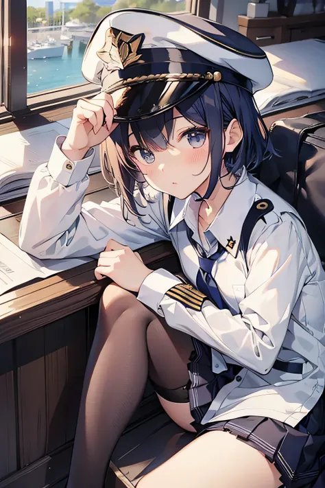 high-level image quality、top-quality、Detailed drawing、Does not blush cheeks、Slender adult beauty、cabin attendant、Navy CA Uniform、CA Cap、Small eyes、knee high、Stockings、Medium chest、Short hair、Unbuttoned chest