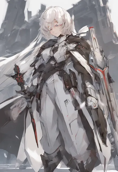 Anime boy mechanical healer, heroine, cleric, acolyte, gear, sci-fi, holy, white costume, weapon magic hammer, ultra high resolution 8k, ultra high definition 8k, stabilizer diffusion, 2.5 D, character design, male, gadget, spear, rod, modern cloak, seriou...