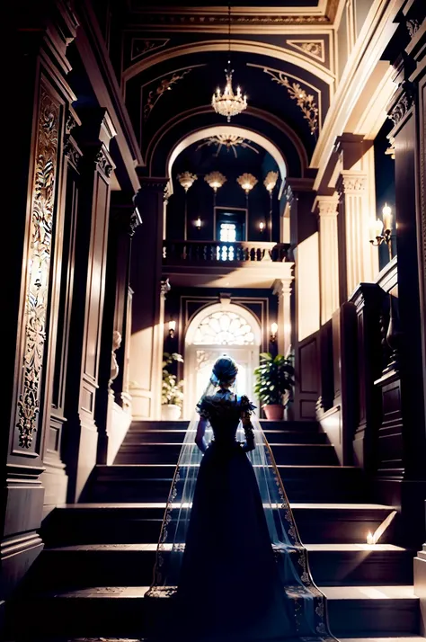 OLD GIANT MANSION WITH ENDLESS STAIRCASES IN THE BACKGROUND A TRANSPARENT GHOST WOMAN WHITE SILHOUETTE A GHOST WOMAN WITH YELLOW EYES AND BEAUTIFUL AMAZING DETAILS AND HUGE SCENE BEAUTIFUL MANSION AT NIGHT, NOITE, SOMBRIO NOTURNA NOITE TERROR