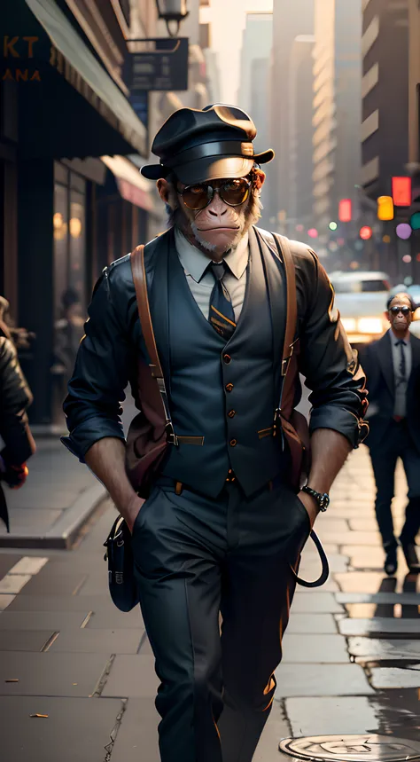 a cute monkey，wear a jacket，suspenders，big scalp shoes，hat，wearing sunglasses，city streets，（depth of fields），（movie lighting），（l...