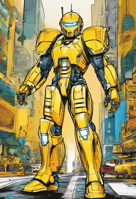 robot, Android amarelo e branco, (astronauta outfit, capacete com viseira escura) estilo homem de ferro, HD, cores quentes, estilo comics, nova York city como background