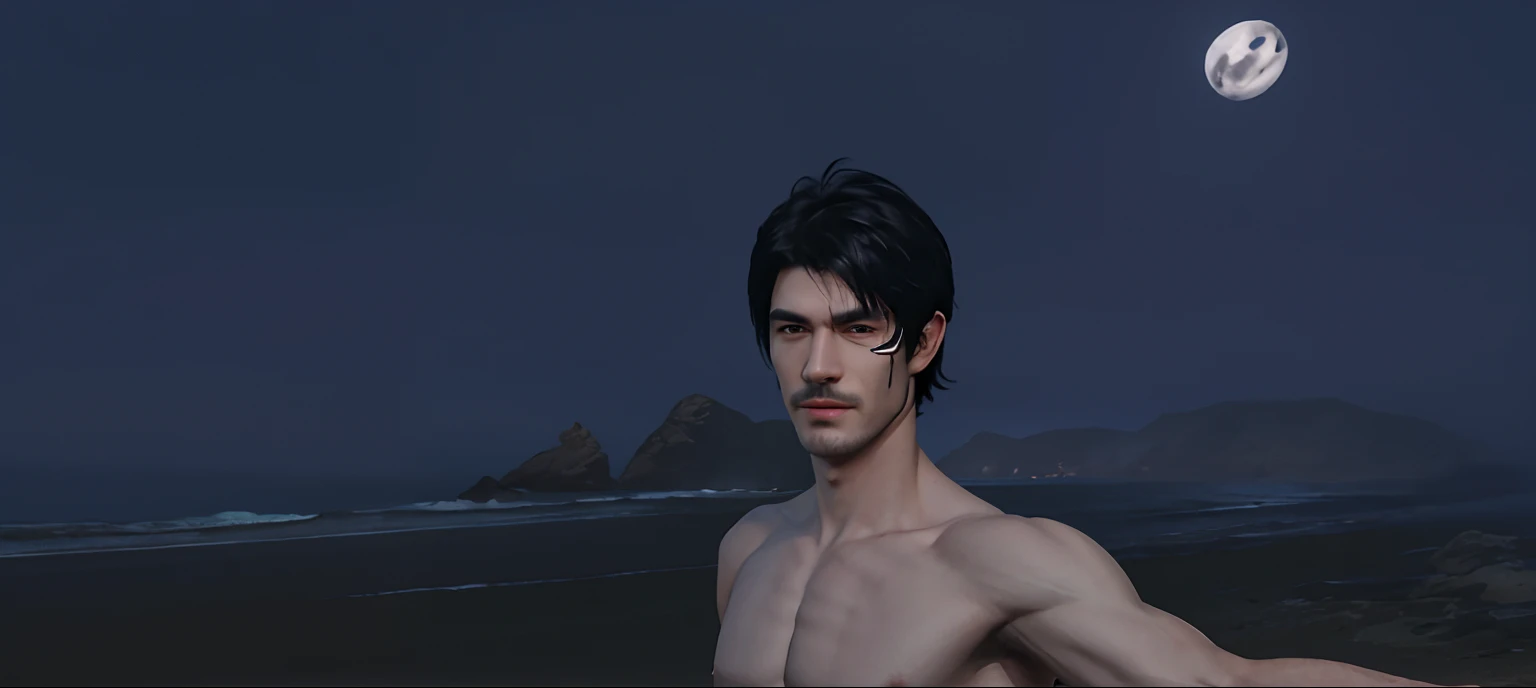 there is a naked man sitting on a beach at night, ingame image, detailed hair foggy, detailed unblurred face, halfbody headshot, second life avatar, close up half body shot, extreme detail skin, evil devious male, detailed skin, roguish smirk, close up hea...