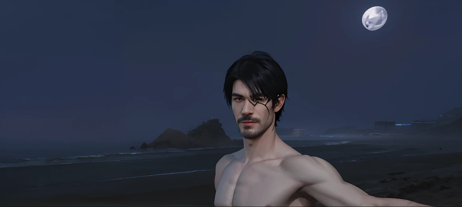 there is a naked man sitting on a beach at night, ingame image, detailed hair foggy, detailed unblurred face, halfbody headshot, second life avatar, close up half body shot, extreme detail skin, evil devious male, detailed skin, roguish smirk, close up hea...