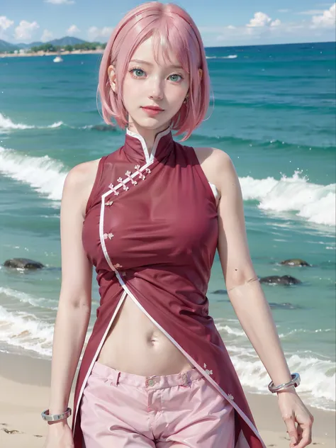 1girl, sakura in anime boruto, short hair, pink hair, green eyes, smile, beautiful, sexy dress, sexy clothes, red clothes, very big breast, realistic clothes, detail clothes, outdoor background, ultra detail, realistic