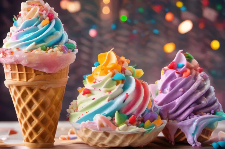 fantasy ice cream, vibrant colors, whimsical swirls, mouth-watering, creamy texture, magical toppings, delectable flavors, dreamy atmosphere, joyful experience, indulgence, sweet indulgence, enchanting frozen treat, delightful summer delight, irresistible ...