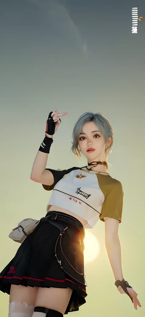 anime girl in a short skirt and a short top pointing at the sun, inspired by Sim Sa-jeong, casual pose, inspired by Jang Seung-eop, close up character, heavy gesture style closeup, 8k artgerm bokeh, realism artstyle, kda, she is wearing streetwear, inspire...