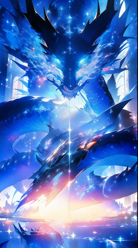 A dark blue dragon flying in a clear blue ocean,There are many blue sparks in the background,[(Cyan background color)::10],Dragons have two huge wings,This is the evolution of dragons,,(Ruins background:1.3),,8K,hyper HD, retinas, Anatomically correct, Tex...