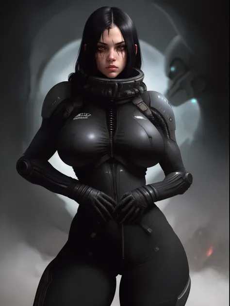 Sci-fi horror, space, xenomorphs, dark, highly detailed, female soldier in a galaxy suit, tight fit, large boobs, black hair, face scar, mean look