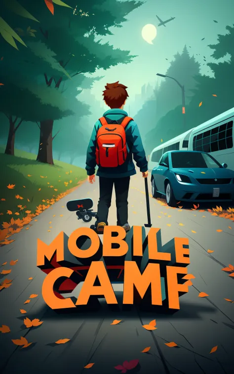 there is a poster of a boy with a backpack and a skateboard, mobile game art, novel cover art for a book, mobile game asset, mobile still frame. 4k uhd, mobile game, mobile, mobile game background, art concept for a book cover, cyril rolando and goro fujit...