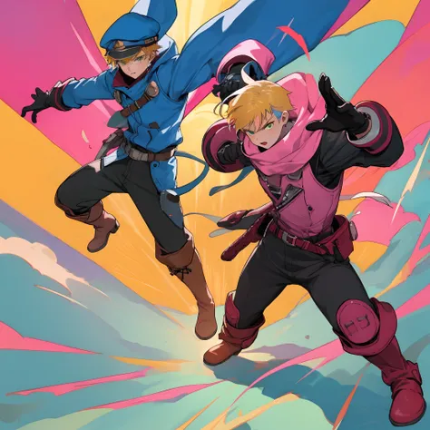 1boy, full standing body, red boots, pink gloves, blue cap, dynamic pose, yellow hair, bad ass look