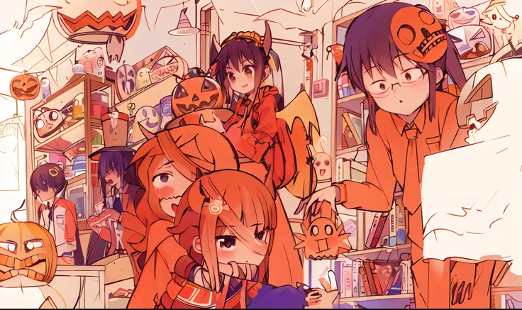 A drawing of 6 characters，5 people on the left，1 person on the right，The scene is a summer festival Halloween gathering，The two Q version characters are hugging and playing as the main characters，Jack-o-lanterns around，book.