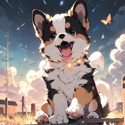 ,(masterpiece:1.2, high quality),
sky, 1dog, outdoors, open mouth, sky at night smile, sitting, blush, tail, tongue out