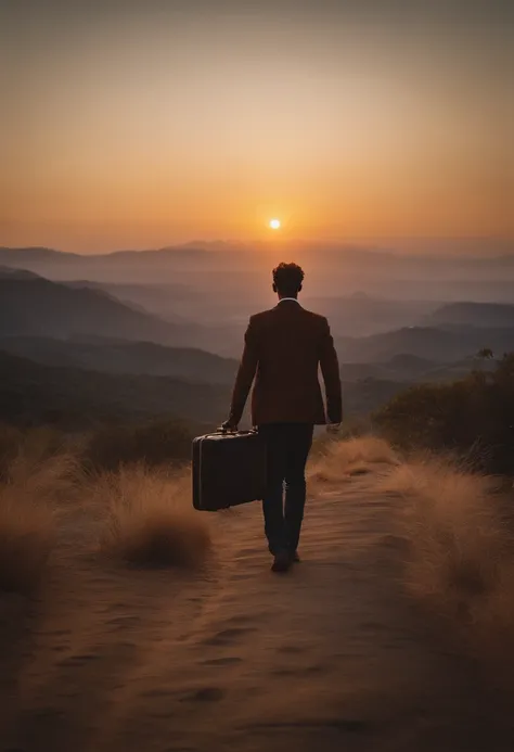 Araffe walking with a suitcase and a purse in his hand, he is carrying a black briefcase, homem andando, caminhando para o trabalho com uma pasta, ((master part)), A boy stands on a high mountain peak watching the sunset, cinemactic, fotorrealista, silhuet...