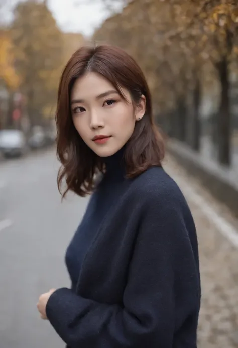 「Portrait of Japan man 25 years old。Casual scene of autumn and winter in smart style。The hairstyle is short hair and the sides are cropped、The top is lightly voluminous.。Hair color is natural black。Top is a navy turtleneck sweater、She wears a dark grey woo...