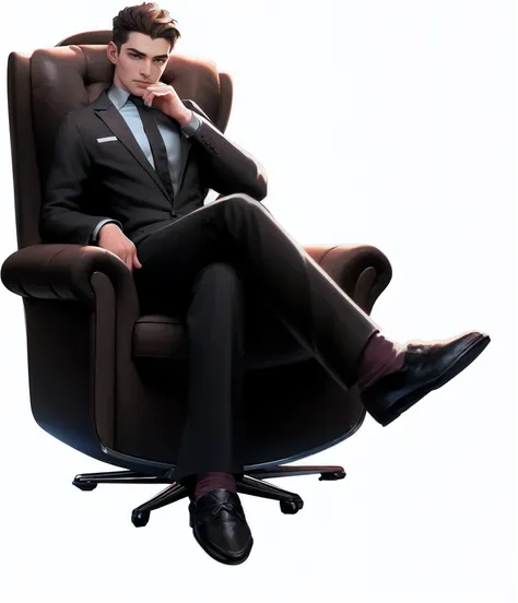 Cartoon man sitting in chair,Keep your feet up, high quality portrait, maxwell render, official character art, stylized portrait formal pose, character full body portrait, full body character portrait, promotional render, highly detailed character, corpora...