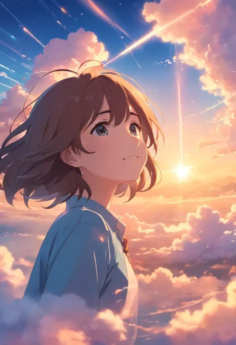 masterpiece, best quality, movie still, 1girl, cloud girl, floating in the sky, close-up, bright, happy, warm soft lighting, sunset, (sparks:0.7)