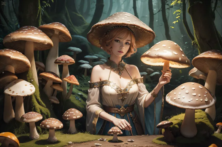 masterpiece++, top-quality++, ultra-definition++, ultra-definition++, 4k++, 8k++, Background Focus++, Peach hair, short-haired, ((woman casts mushroom spell)), Mushroom runes, The magic of mushrooms, Mushroom magician, druid, Goddess of mushrooms, detailed...