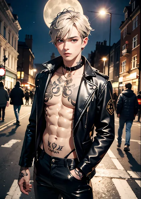 1boy,11 only、Mans ,silber hair、 Collar,tattooed、Upper body naked、Leather pants、Moon Night 、London、traffic jam、Large crowds,hightquality、masutepiece,8K,