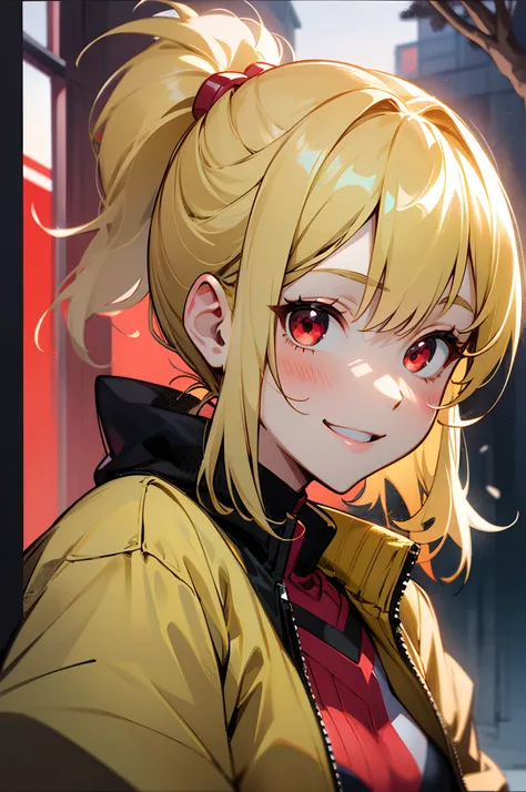 girl with、female high-school student、Small breasts、Wearing a riders jacket、blondehair、Red Eyes、poneyTail、gloves、Cheerful smile、Stand in front of a street tree