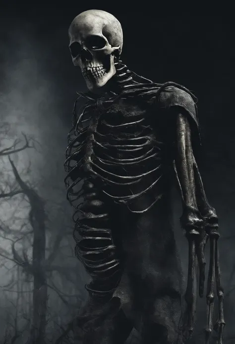 a full-length picture half of his body will be a skeleton half a human he will have no eyes