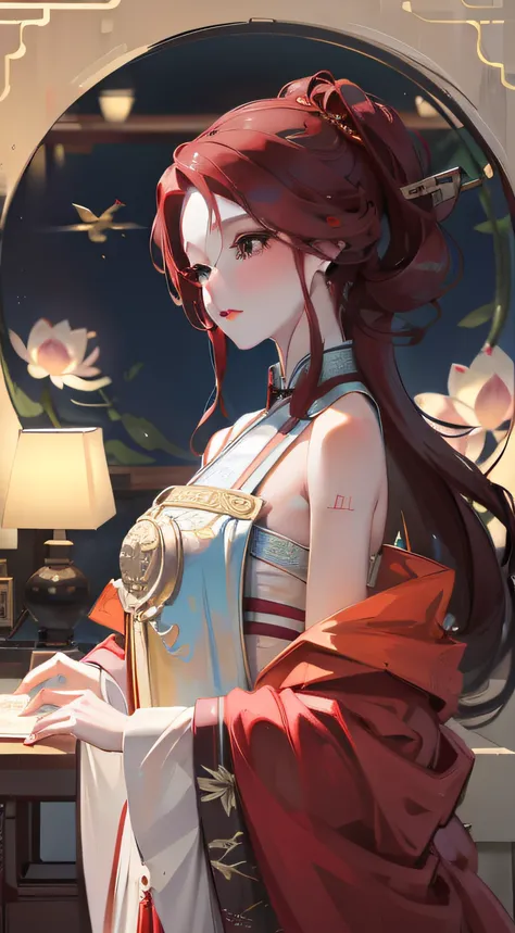 Chinese girl showing off graceful posture，Delicate facial features，Delicate，（There is lotus embroidery on the clothes：1.4），（Chinese red：1.4），the night，red colour，Feminine，8K，super-fine，tmasterpiece，Detailed pubic hair，dynamic viewing angle