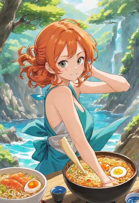 nami ,one piece, comiendo ramen con palillos, sentada bajo un arbol de cerezo