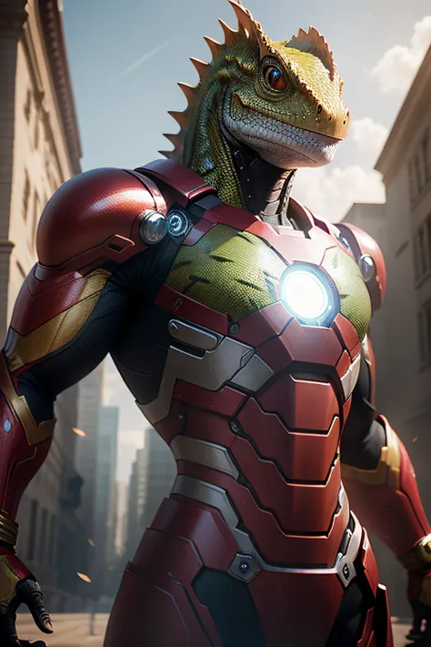 a lizard in ironman costume ultra realistic looking portrait 3d