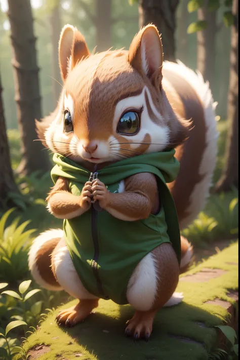 Highly detailed 3d rendering cute squirrel with hunter costume、 Childrens cartoon style, extremely detailed texture, Soft and smooth texture, Green gradient on background.